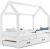 Hausbett Kinderbett DOMEK 160x80cm aus Kiefernholz mit Lattenrost und Matratze (weiß + weiße Schublade)